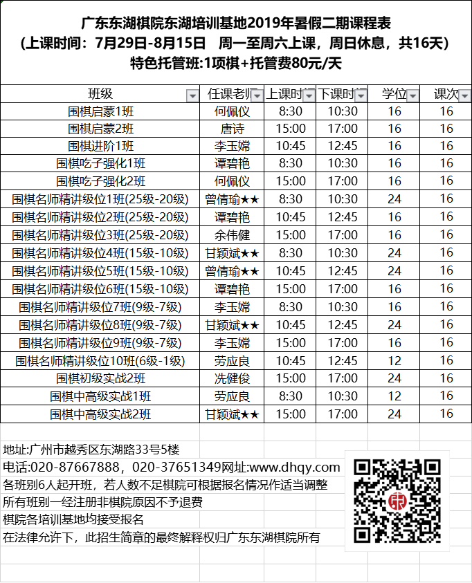 2019年暑假二期--东湖培训基地围棋课程表