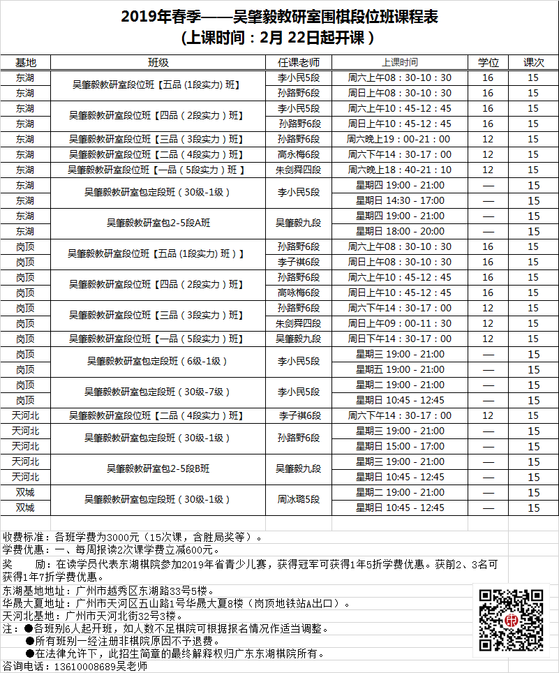 2019年春季——吴肇毅教研室围棋段位班课程表